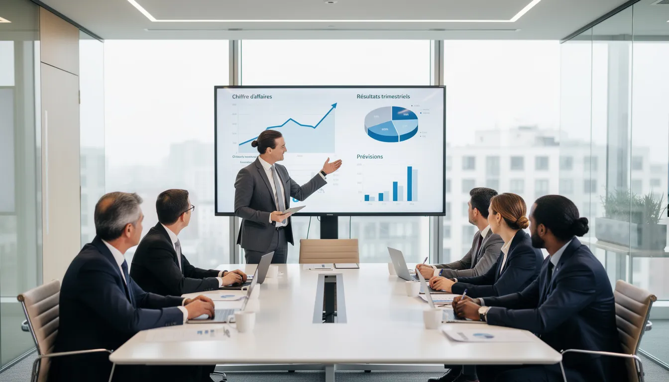 Une équipe de direction analyse des graphiques financiers sur un écran dans une salle de réunion moderne, discutant de la santé financière de l'entreprise et des flux de trésorerie. L'ambiance est concentrée, avec des membres prenant des notes pour une meilleure prise de décision concernant les investissements et la gestion des liquidités.