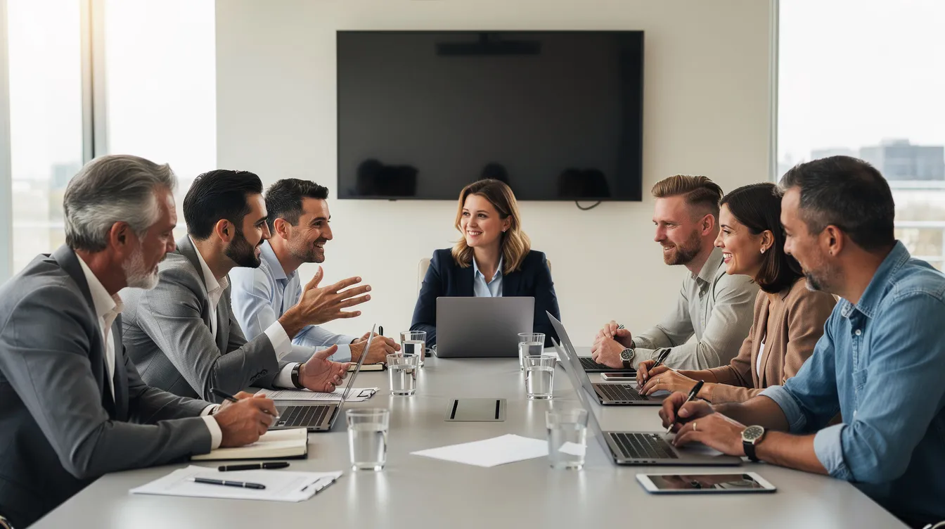 Une équipe de collaborateurs est réunie autour d'une table de réunion, échangeant des idées sur des sujets tels que l'épargne salariale et les primes d'intéressement. L'atmosphère est dynamique, reflétant l'importance de la participation et du partage des résultats au sein de l'entreprise.