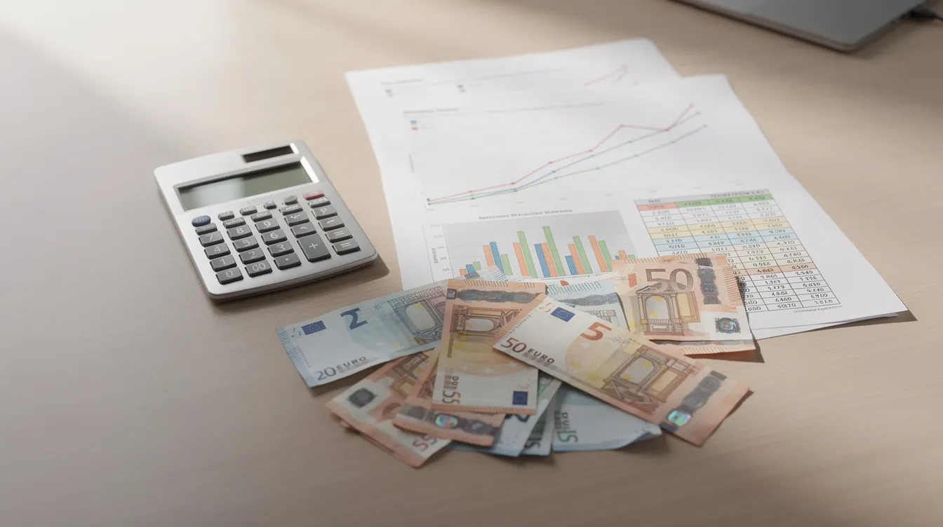 Une calculatrice est posée sur un bureau d'entreprise, à côté de graphiques financiers et de billets en euros, illustrant les outils nécessaires pour le calcul de l'intéressement et la mise en place d'accords d'épargne salariale. Cette scène évoque l'importance de la gestion financière et des dispositifs d'épargne pour les salariés.