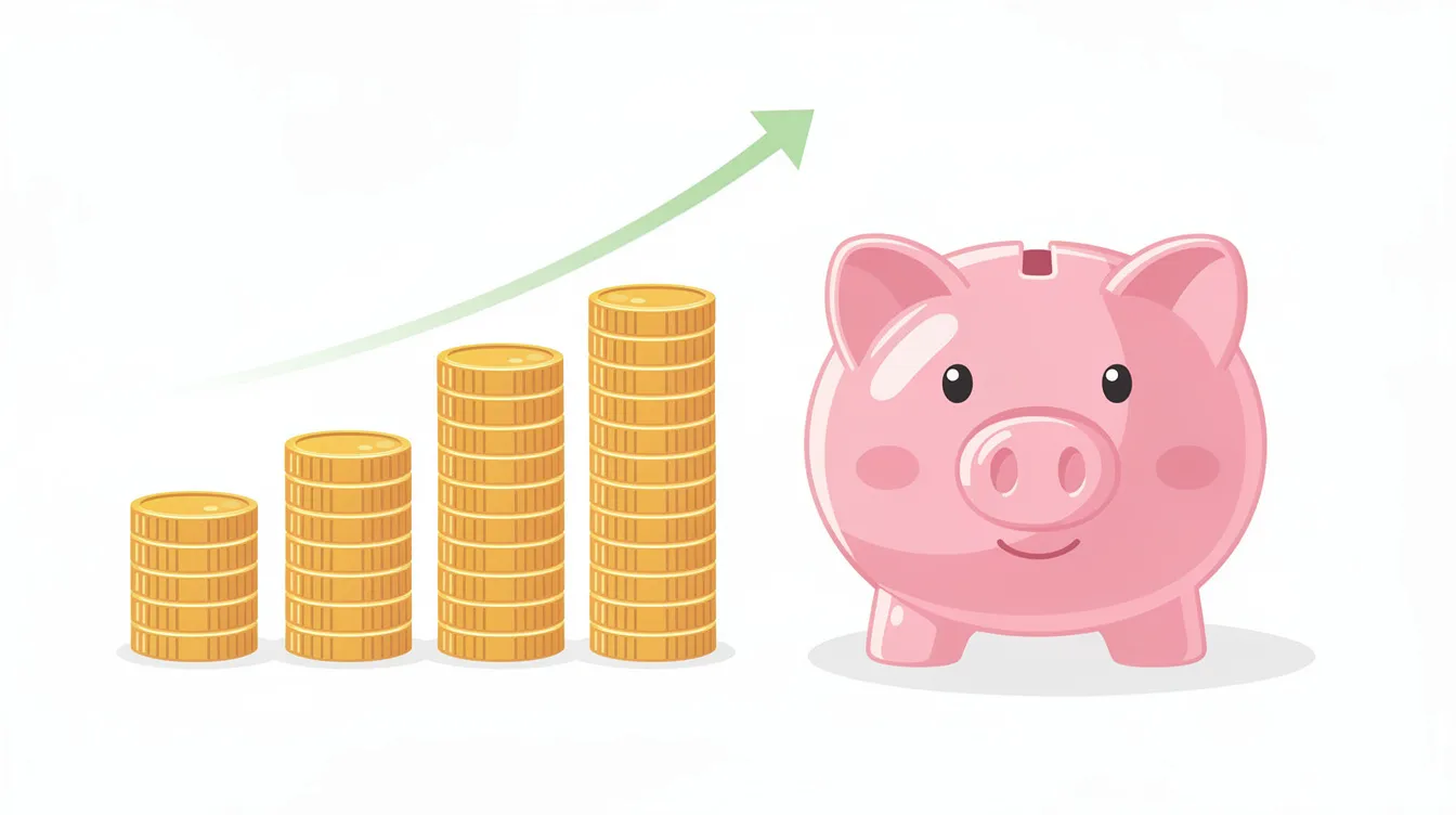 Une tirelire en forme de cochon est placée à côté de piles de pièces de monnaie en croissance, symbolisant l'épargne salariale et la mise en place d'un accord d'intéressement pour favoriser la performance financière des entreprises. Cette image évoque l'importance de l'épargne et des primes pour les salariés.