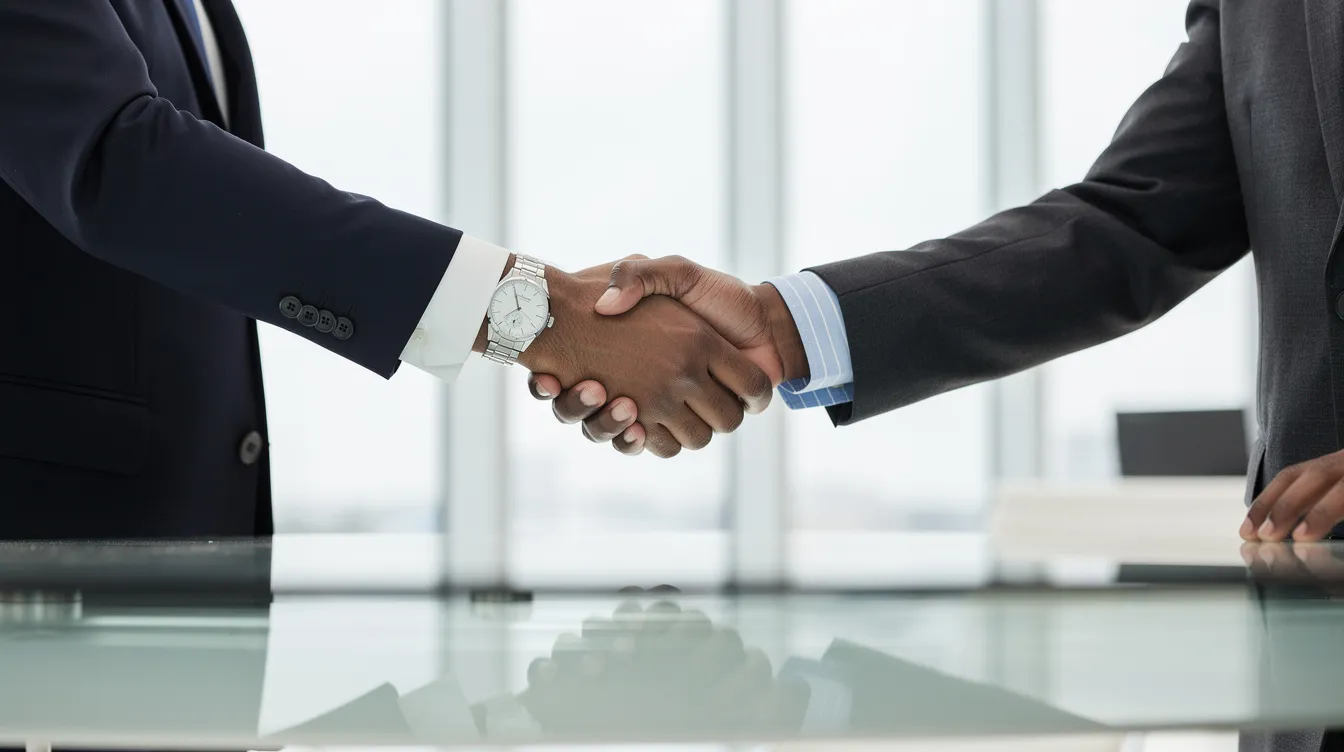 Deux personnes en costume se serrent la main dans un cadre professionnel, symbolisant un accord ou une collaboration. Cette poignée de main pourrait évoquer des discussions sur des dispositifs d'épargne salariale, comme l'intéressement ou les primes d'intéressement, au sein d'une entreprise.